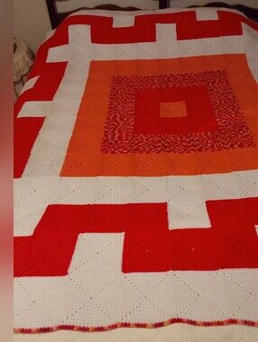 🌺 NEW Handmade Orange, Red & White Geometric Afgan/Bedspread